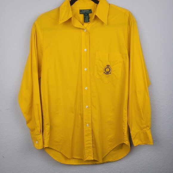 Ralph Lauren Women's Sz 8 Yellow Preppy Crest Long Sleeve Cotton Button Up Top - Picture 1 of 14